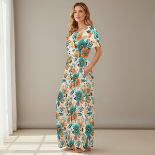 Mexican Watercolor Floral Jersey Maxi Dress with Pockets – Short Sleeve Maxi Dresses Berry Jane