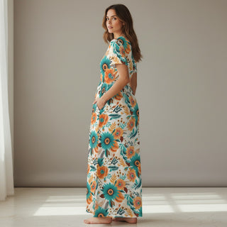 Mexican Watercolor Floral Jersey Maxi Dress with Pockets – Short Sleeve Maxi Dresses Berry Jane