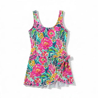 Women's Scoop Neck Tie Knot One Piece Swimsuit Swim Dress, Floral Leopard Swimsuit 1 Pc. Berry Jane