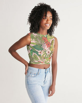 Women's Twist-Front Sleeveless Cropped Tank Top, Vintage Tropical Floral Tops Berry Jane™