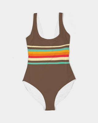 Women's One-Piece Swimsuit,Vintage 70s Stripe - Brown one piece swimsuit Berry Jane™