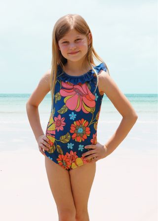 Girls 1-pc Bathing Suit, Ruffle Trim 70s Vintage Floral Print Kids Swimwear Berry Jane™