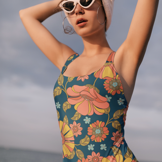 Women's one-piece floral swimsuit, 70s floral print, vintage style bathing suits