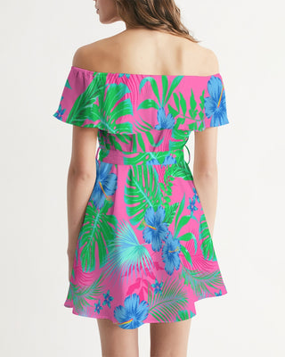 Women's Off-Shoulder Ruffle Mini Dress - Beach Bliss Tropical Floral, Pink Dresses Berry Jane™