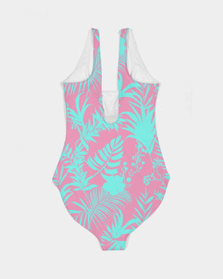 Pink and Teal Tropical Floral Leaf Women's One-Piece Swimsuit one piece swimsuit Berry Jane™