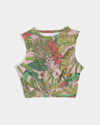 Women's Twist-Front Sleeveless Cropped Tank Top, Vintage Tropical Floral Tops Berry Jane™