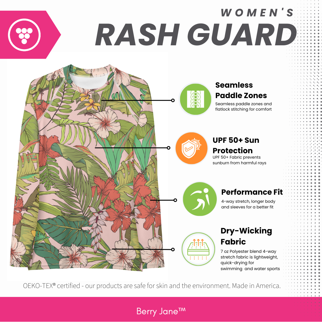 Women's Long Sleeve Rash Guard UPF 50 Sun Shirt, Surf Paddle board -  Vintage Tropical Floral