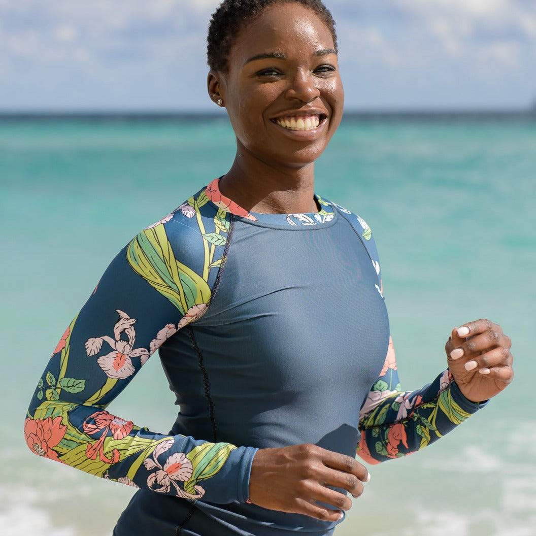 Women's UPF 50 Rash Guard Swim Shirt - Blue Seychelles Floral – Berry Jane™