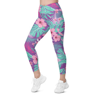 Women's Crossover Waist UPF 50 Swim Leggings with Pockets, Hawaiian Floral Swim leggings Berry Jane™