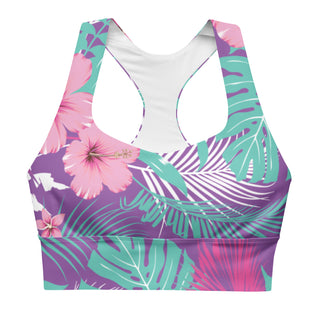 Swim Bra Swim Top, Compression Bra UPF 50 - Turquoise Purple Hawaiian Floral Swimwear Berry Jane™