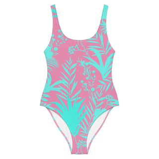 His Hers Matching One-Piece Swimsuit - Tropical Pink Sea Blue one piece swimsuit Berry Jane™