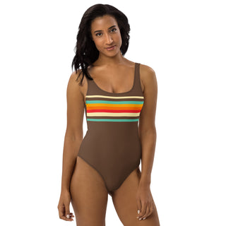 Women's One Piece Swimsuit, 70s Vintage Stripe, Brown Swimsuit 1 Pc. Berry Jane™