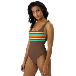 Women's One Piece Swimsuit, 70s Vintage Stripe, Brown Swimsuit 1 Pc. Berry Jane™