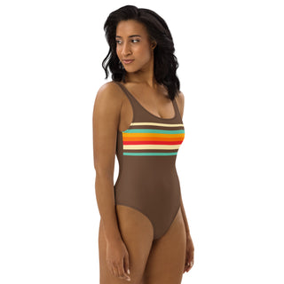 Women's One Piece Swimsuit, 70s Vintage Stripe, Brown Swimsuit 1 Pc. Berry Jane™