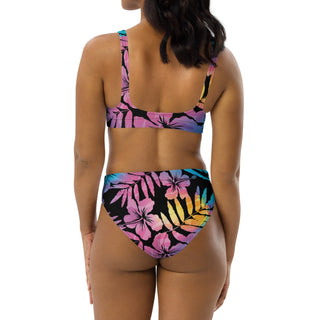 Women's Recycled High-Waist Bralette Bikini Set, Rainbow Floral Hibiscus 2 Pc Swimsuit Set Berry Jane™