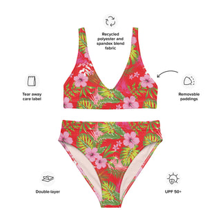 Hibiscus Red Tropical Floral 2-Pc Recycled High-Waist Bikini Set Swimwear Berry Jane™