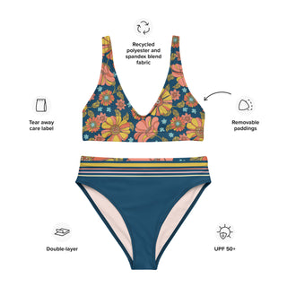 Women's Recycled High Waist Bikini Set 70s Retro Floral 2 Pc Swimsuit Set Berry Jane™