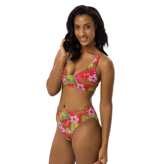 Hibiscus Red Tropical Floral 2-Pc Recycled High-Waist Bikini Set Swimwear Berry Jane™