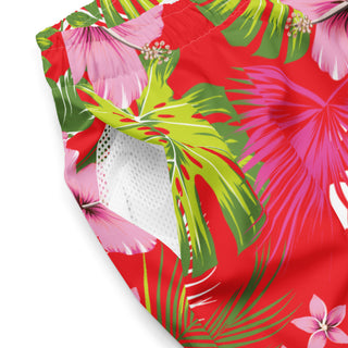 6.5" Quick Dry Board Shorts Swim Trunks - Hawaiian Hibiscus Red Swim Trunks Berry Jane™
