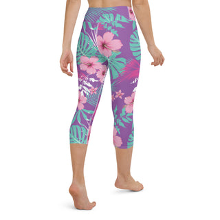 Women's Swim Legging Capris w/Tummy Control Waistband UPF 50+ - Turquoise Purple Floral Swim leggings Berry Jane™