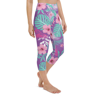 Women's Swim Legging Capris w/Tummy Control Waistband UPF 50+ - Turquoise Purple Floral Swim leggings Berry Jane™