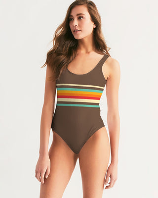 Women's One-Piece Swimsuit,Vintage 70s Stripe - Brown one piece swimsuit Berry Jane™