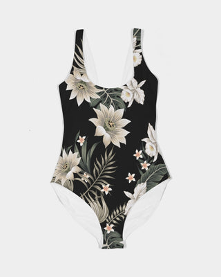 Women's One-Piece Swimsuit, Black Hawaiian Lily one piece swimsuit Berry Jane™