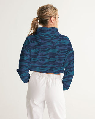 Women's Cropped Windbreaker Hoodie, Track Jacket - Abstract Blue Wave Outerwear Berry Jane™