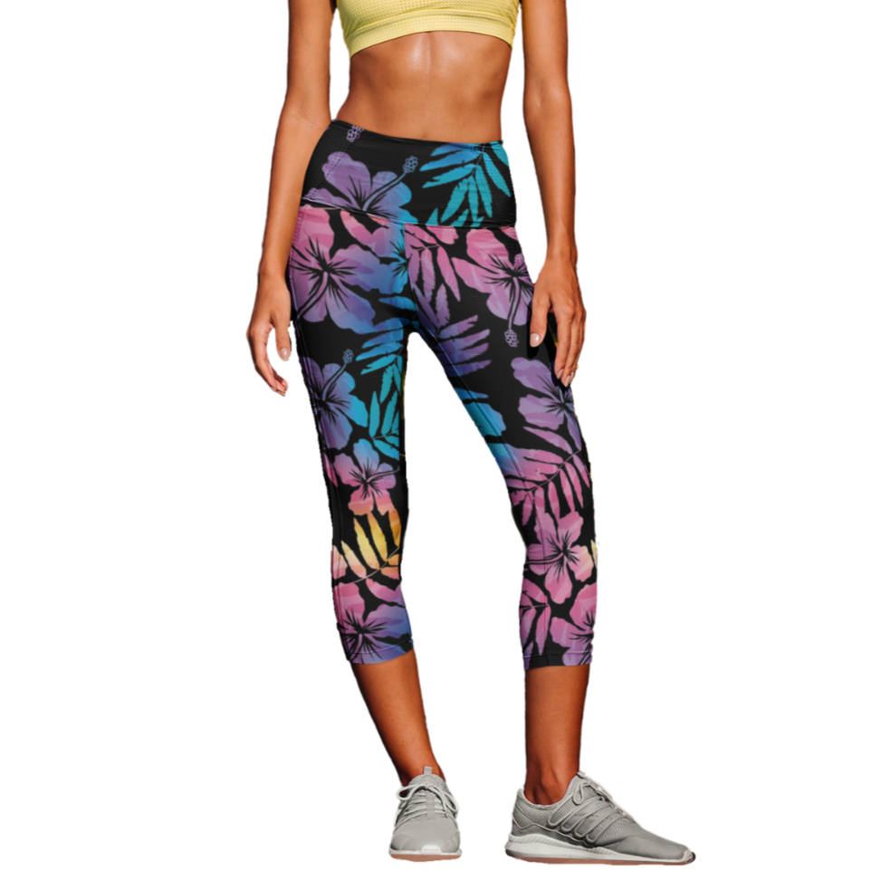 Hibiscus Flower Yoga Capri Leggings for Women High Waisted Mid Calf Length  Printed Floral Workout Pants Non See Through Perfect for Running 
