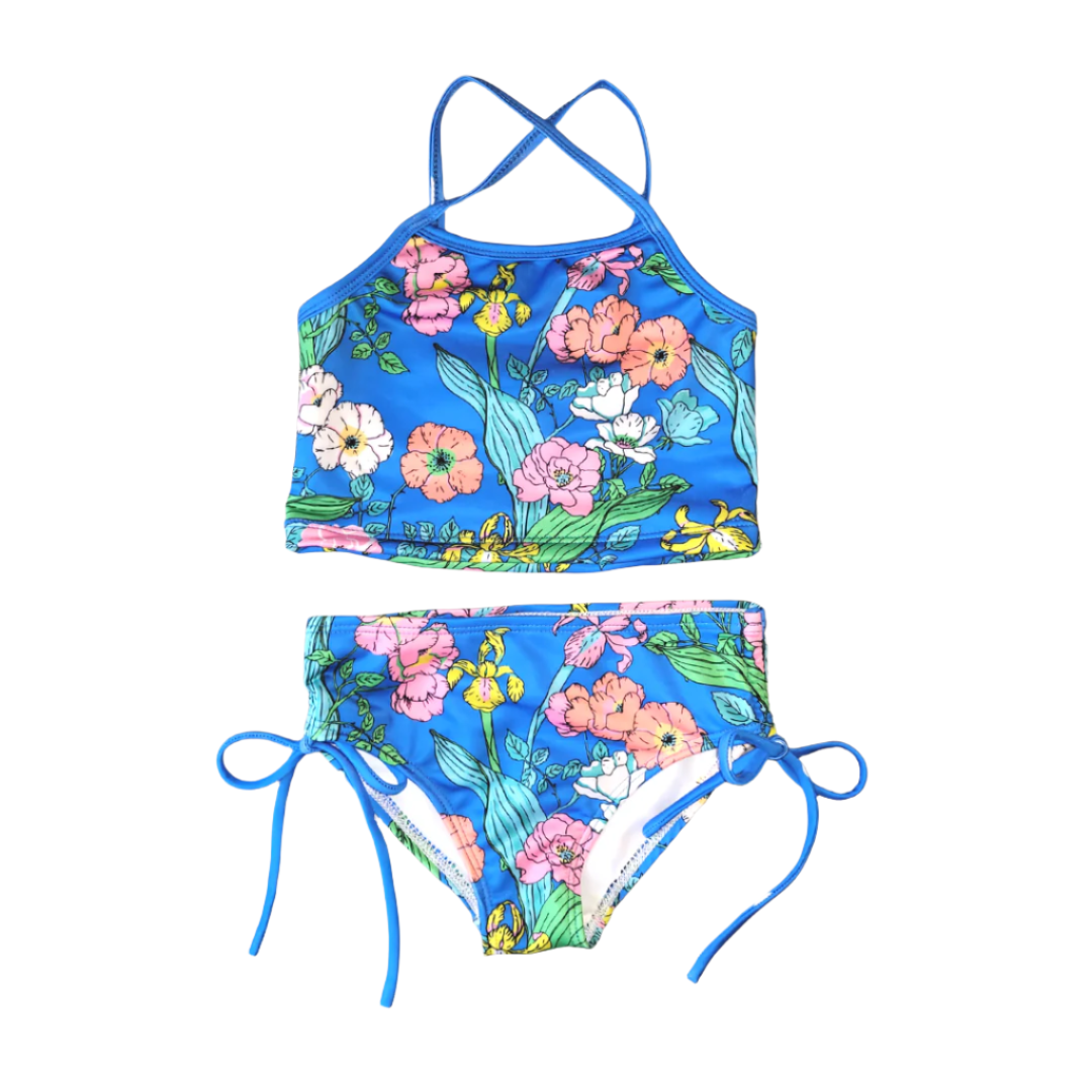 Girls 2 pc Tankini Bikini Bathing Suit Electric Blue Floral