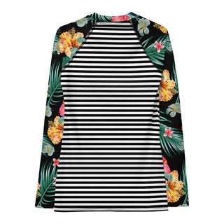 Black & White Stripe Hawaiian Botanical UPF 50 Women's Rash Guard Sun Shirt Rash Guards & Swim Shirts Berry Jane™