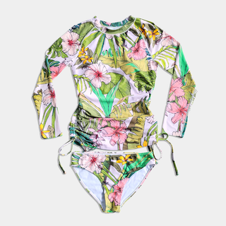 Women's Ruched Sides Long Sleeve Swimsuit Set, UPF 50 - Vintage Tropical Floral long sleeve swimsuits Berry Jane™