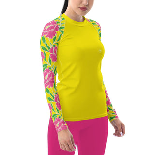 Women's UPF 50+ Yellow Rash Guard, Swim Shirt - Pink Peonies Rash Guards & Swim Shirts Berry Jane™